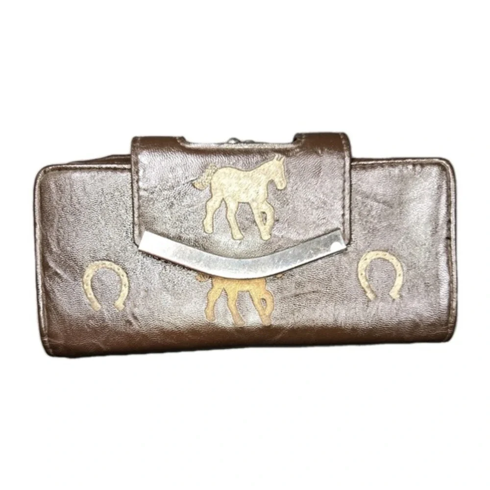 Vintage Western Horse‎ Horseshoe Brown Faux Leather Kiss Lock Trifold Wallet